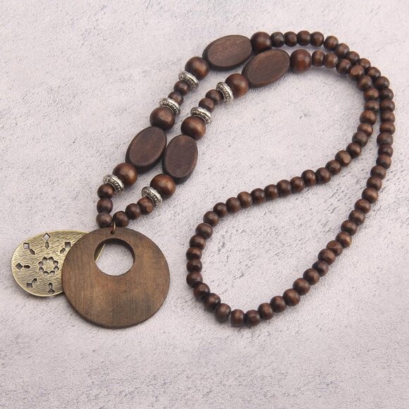 Boho Necklaces for Women Long Wooden Pendant Vintage Necklace Sweater Chain Neck - Picture 6 of 7
